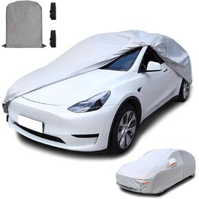 Car Cover for Tesla Model Y 2020-2025 Custom Fit Full Exterior Car Cover with Charging Port Door Zipper Ventilated Mesh Heavy Duty All Weather Waterproof Windproof Dust Snow Sun UV Protection