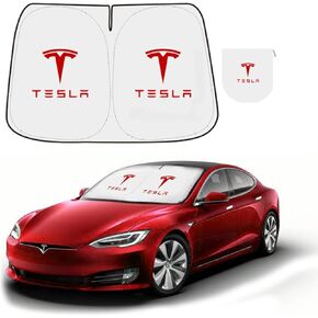 300t Sunshade for Tesla Model Y Model 3 ، إكسسوارات السيارات 2025 لـ Tesla ، النافذة الأمامية Sunshade مع حقيبة منظم ، هدايا لأصحاب Tesla (أسود)