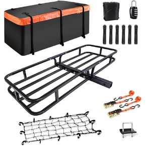 MeeFar Hitch Mount Cargo Carrier Basket 53" x19" x 5"+Waterproof Cargo Bag 15 Cubic Feet(51" x17"x 18"),Hauling Weight Capacity of 500 Lbs fit on 2 Inch Receiver with Hitch Stabilizer,Net and Straps
