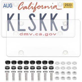 2 Pack Clear License Plate Covers, License Plate Protector Unbreakable Plastic Shields Tag Holder Fits Standard US Plate with Screws Caps