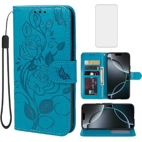 Case for iPhone 16 Pro Case ، Apple 16 Pro Wallet Case مع واقي شاشة زجاجي مقسى ، حامل بطاقة الائتمان من جلد Flower Flip Flip Stand for iPhone 16 Pro Rose Gold