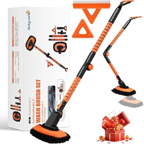 60'' Car Wash Brush with Ice Scrapers, 5 in 1 Multi-Functional Car Cleaning Brush Kit, 180 Degree Folding and Extendable Car Wash Mop, Soft Car Brushes for Washing Exterior RV Truck Camper