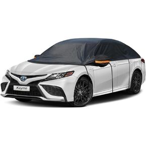 Kayme Half Car Cover, Windshield Cover for Ice and Snow Top with Reflective Straps, Roof Cover Waterproof All Weather Dust, Sun Protection. Front Rear Window Cover Fit Sedan. 3XL (128"-139")