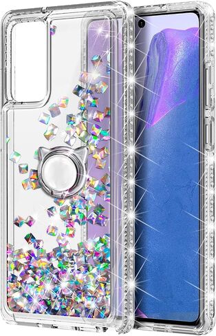 NZND Case for Samsung Galaxy A13 4G/5G with Tempered Glass Screen Protector (Maximum Coverage), Ring Holder/Wrist Strap, Glitter Liquid Floating Waterfall Girls Cute Phone Case (Pink/Aqua) in Kuwait