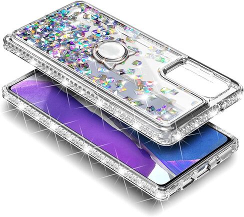 NZND Case for Samsung Galaxy A13 4G/5G with Tempered Glass Screen Protector (Maximum Coverage), Ring Holder/Wrist Strap, Glitter Liquid Floating Waterfall Girls Cute Phone Case (Pink/Aqua) in Kuwait