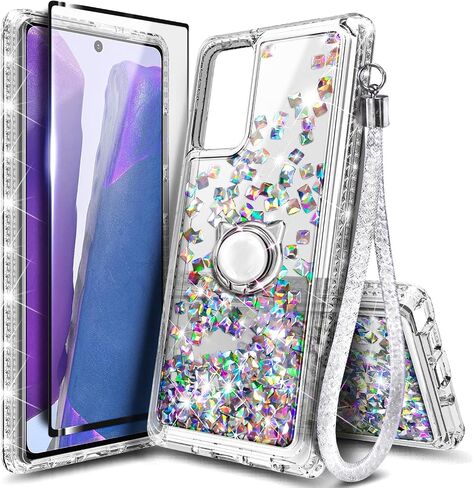 NZND Case for Samsung Galaxy A13 4G/5G with Tempered Glass Screen Protector (Maximum Coverage), Ring Holder/Wrist Strap, Glitter Liquid Floating Waterfall Girls Cute Phone Case (Pink/Aqua) in Kuwait