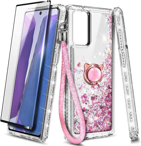 NZND Case for Samsung Galaxy A13 4G/5G with Tempered Glass Screen Protector (Maximum Coverage), Ring Holder/Wrist Strap, Glitter Liquid Floating Waterfall Girls Cute Phone Case (Pink/Aqua) in Kuwait