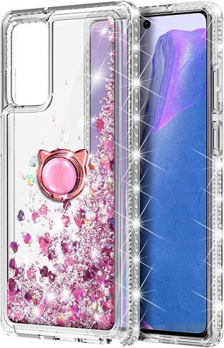 NZND Case for Samsung Galaxy A13 4G/5G with Tempered Glass Screen Protector (Maximum Coverage), Ring Holder/Wrist Strap, Glitter Liquid Floating Waterfall Girls Cute Phone Case (Pink/Aqua) in Kuwait