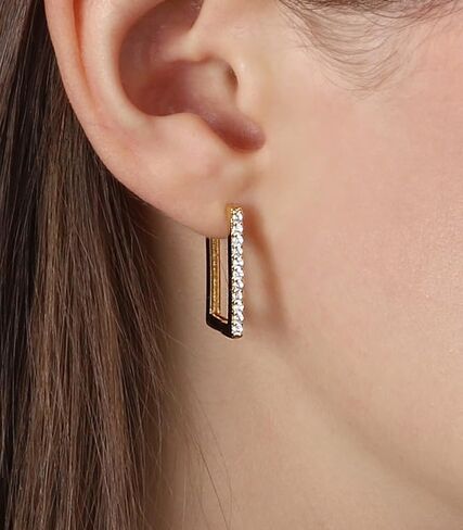 OZEL – Huggie Hoop Earrings with a Set of Cubic Zirconia Stones for Women – 14k Yellow Gold/White Gold Plated/Circular/Semi-circular/U-Shape/Round Square (Made in Korea) in Kuwait