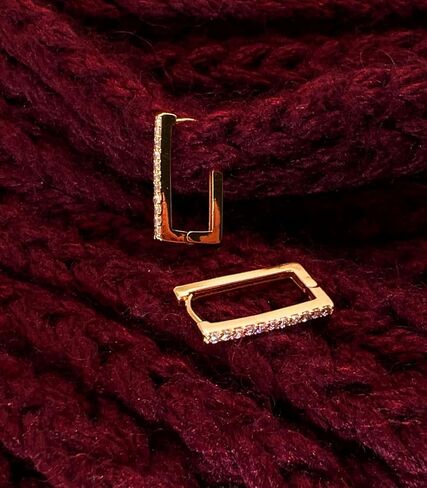 OZEL – Huggie Hoop Earrings with a Set of Cubic Zirconia Stones for Women – 14k Yellow Gold/White Gold Plated/Circular/Semi-circular/U-Shape/Round Square (Made in Korea) in Kuwait