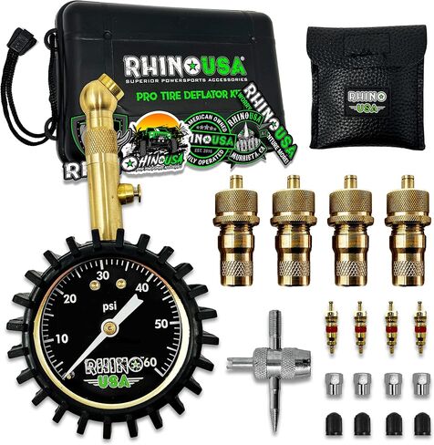 Rhino USA Adjustable Tire Deflators with Gauge (0-60psi) Calibrated & Automatic Tire Air Down Tool - Large 2" Easy Read Glow Dial & Solid Brass Hardware - Best Offroad Deflator for Jeep, Truck or ATV in Kuwait