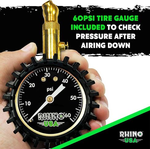Rhino USA Adjustable Tire Deflators with Gauge (0-60psi) Calibrated & Automatic Tire Air Down Tool - Large 2" Easy Read Glow Dial & Solid Brass Hardware - Best Offroad Deflator for Jeep, Truck or ATV in Kuwait