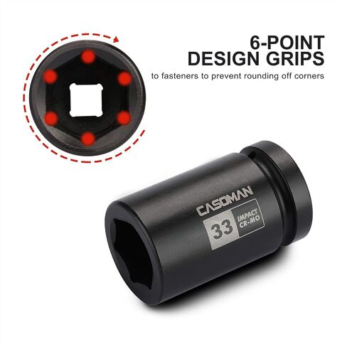 CASOMAN 1-Inch Drive x 33 mm Deep 6 PT Impact Socket, Metric, CR-MO, 1" Drive 6 Point Axle Nut Socket for Easy Removal of Axle Shaft Nuts (33MM) in Saudi Arabia