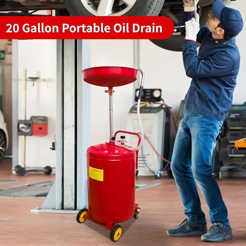20 Gallon Portable Waste Oil Drain, Air Operated Industrial Fluid Drain Tank with Wheel, Adjustable Funnel Height, Red in Saudi Arabia