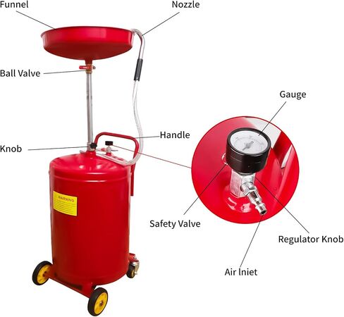 20 Gallon Portable Waste Oil Drain, Air Operated Industrial Fluid Drain Tank with Wheel, Adjustable Funnel Height, Red in Saudi Arabia