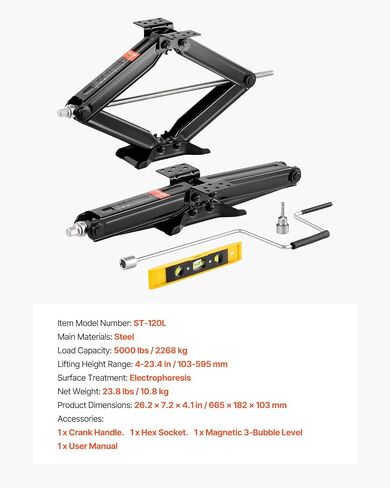 VEVOR 5000 lbs RV Scissor Jacks, 4-23.4 in RV Stabilizer Leveling Scissor Jacks, Set of 4, Heavy Duty Stabilizer Jack with Crank Handle, Socket and Bubble Levels, Not Easily Bent or Deformed in Saudi Arabia