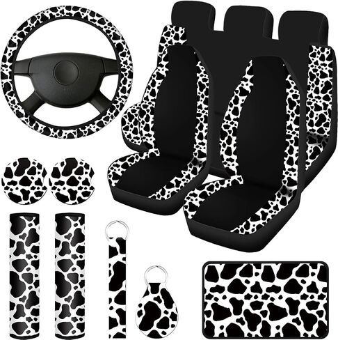 Frienda 13 Pcs Mixed Cow Print Car Seat Cover Full Set for Women Men Print Car Accessories Rubber Steering Wheel Armrest Pad Cover Seat Belt Pads Wrist Holder Keychain, White and Black in Kuwait