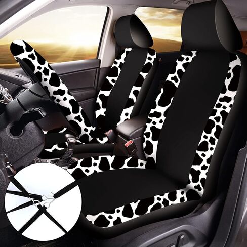 Frienda 13 Pcs Mixed Cow Print Car Seat Cover Full Set for Women Men Print Car Accessories Rubber Steering Wheel Armrest Pad Cover Seat Belt Pads Wrist Holder Keychain, White and Black in Kuwait