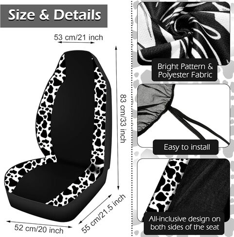 Frienda 13 Pcs Mixed Cow Print Car Seat Cover Full Set for Women Men Print Car Accessories Rubber Steering Wheel Armrest Pad Cover Seat Belt Pads Wrist Holder Keychain, White and Black in Kuwait