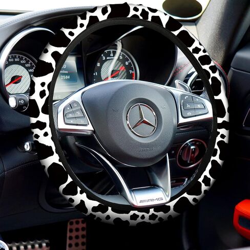 Frienda 13 Pcs Mixed Cow Print Car Seat Cover Full Set for Women Men Print Car Accessories Rubber Steering Wheel Armrest Pad Cover Seat Belt Pads Wrist Holder Keychain, White and Black in Kuwait