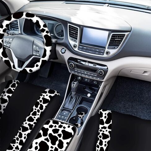 Frienda 13 Pcs Mixed Cow Print Car Seat Cover Full Set for Women Men Print Car Accessories Rubber Steering Wheel Armrest Pad Cover Seat Belt Pads Wrist Holder Keychain, White and Black in Kuwait