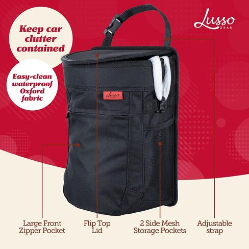 Lusso Gear Spill-Proof Car Trash Can 2.5 Gallon - Easy-to-Clean Hanging Garbage Bin - Leak-Proof Lid, Removable Liner, Waterproof - Keep Car, SUV, Truck, Minivan Odor-Free - Black - Truck Accessories in Saudi Arabia