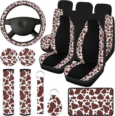 Frienda 13 Pcs Mixed Cow Print Car Seat Cover Full Set for Women Men Print Car Accessories Rubber Steering Wheel Armrest Pad Cover Seat Belt Pads Wrist Holder Keychain, White and Black in Saudi Arabia
