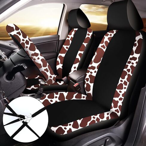 Frienda 13 Pcs Mixed Cow Print Car Seat Cover Full Set for Women Men Print Car Accessories Rubber Steering Wheel Armrest Pad Cover Seat Belt Pads Wrist Holder Keychain, White and Black in Saudi Arabia