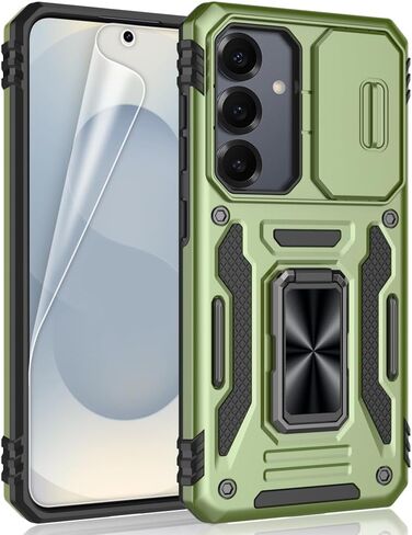 for Samsung Galaxy S25 Plus Case [Not for S25], Shockproof Phone Case & Sliding Camera Cover & Ring Holder Kickstand with Soft TPU Screen Protector [Black] in Kuwait