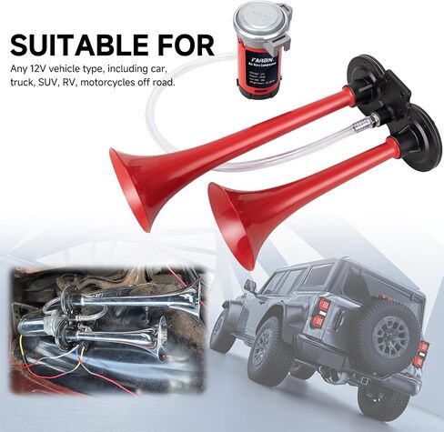 قرن قطار Farbin للسيارة Super Loud Air Horn 12V 150dB Dual Truck Horns Kit مع الضاغط وزر أي سيارات شاحنات السيارات in Kuwait