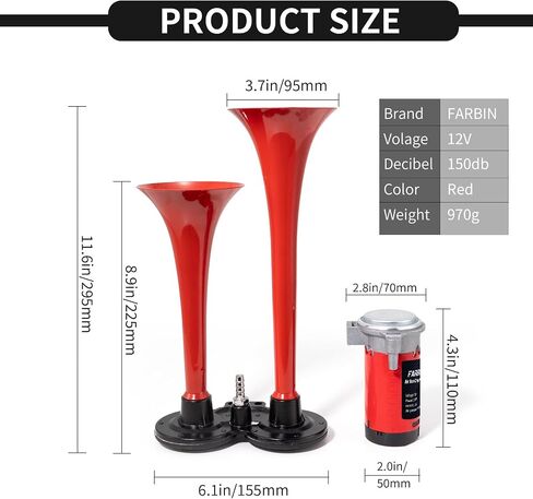 قرن قطار Farbin للسيارة Super Loud Air Horn 12V 150dB Dual Truck Horns Kit مع الضاغط وزر أي سيارات شاحنات السيارات in Kuwait
