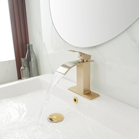 Brushed Gold Bathroom Sink Faucet Waterfall Single Hole Single Handle Lavatory Vanity Modern with Pop Up Drain with Overflow 1 or 3 Hole Deck Mounted Commercial Mixer Tap in Saudi Arabia