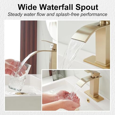 Brushed Gold Bathroom Sink Faucet Waterfall Single Hole Single Handle Lavatory Vanity Modern with Pop Up Drain with Overflow 1 or 3 Hole Deck Mounted Commercial Mixer Tap in Saudi Arabia