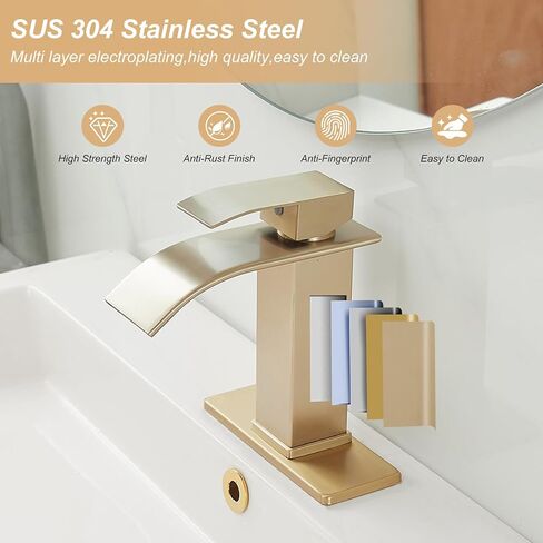 Brushed Gold Bathroom Sink Faucet Waterfall Single Hole Single Handle Lavatory Vanity Modern with Pop Up Drain with Overflow 1 or 3 Hole Deck Mounted Commercial Mixer Tap in Saudi Arabia