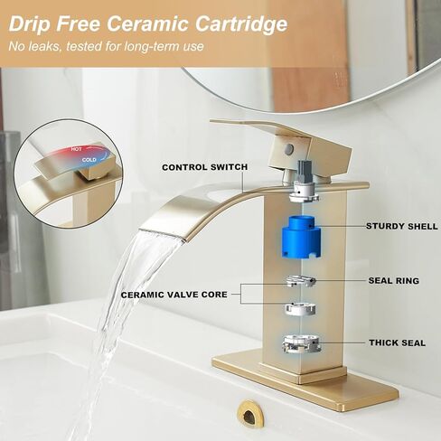 Brushed Gold Bathroom Sink Faucet Waterfall Single Hole Single Handle Lavatory Vanity Modern with Pop Up Drain with Overflow 1 or 3 Hole Deck Mounted Commercial Mixer Tap in Saudi Arabia