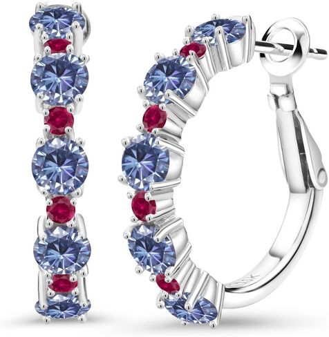 Gem Stone King 925 Sterling Silver Blue Created Sapphire and Red Created Ruby Hoop Earrings For Women (2.90 Cttw, Round 4MM and 1.9MM, Gemstone Birthstone 1 Inch Diameter) in Saudi Arabia