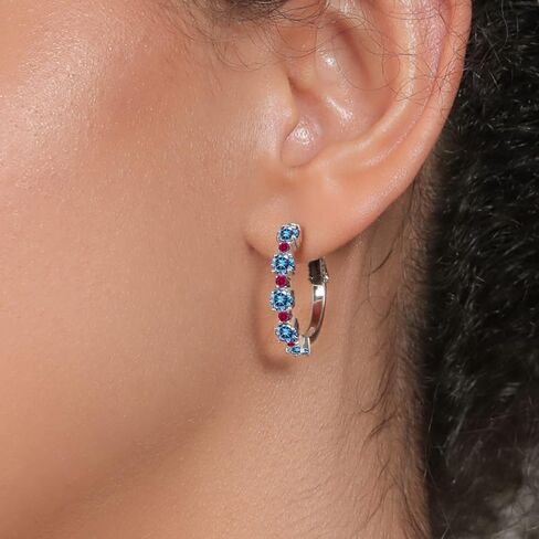 Gem Stone King 925 Sterling Silver Blue Created Sapphire and Red Created Ruby Hoop Earrings For Women (2.90 Cttw, Round 4MM and 1.9MM, Gemstone Birthstone 1 Inch Diameter) in Saudi Arabia