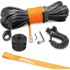 SHALL 1/4 Inch x 50 Feet Synthetic Winch Rope 10,000LBS Winch Line with Protective Sleeve & Forged Winch Hook & Safety Pull Strap for ATV UTV Offroad Vehicle