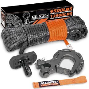 ALL-TOP Synthetic Winch Rope Cable Kit: 1/4" x 50 ft 9500LBS Winch Line with Protective Sleeve + Forged Winch Hook + Safety Pull Strap for Offroad Vehicle ATV UTV