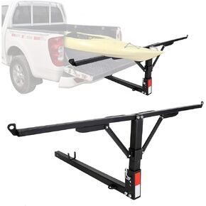 ECOTRIC 750lbs Capacity Black Truck Bed Extender Pickup Truck Bed Hitch Mount Extension Rack SUV Lumber Ladder Canoe Boat Kayak Long Pipes w/Flag - Powder Coated Steel