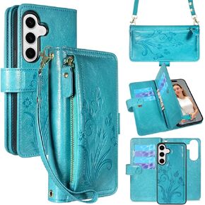 Lacass for Samsung Galaxy S25 6.2 بوصة قابلة للفصل محفظة Crossbody ، متوافقة مع الشحن اللاسلكي ، [حماية المسح الضوئي لسرقة البطاقات] ، سستة من الجلد المغناطيسي (رمادي الأزهار)