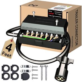 7 Pin Trailer Wiring Harness with 7 Gang Junction Box - 4 Feet, Heavy Duty 7-Pin Trailer Cord Wire Cable, 7 Way Trailer Plug with Junction Box, Trailer Junction Box 7 Pole Waterproof (4ft)