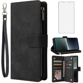 Asuwish متوافق مع Sony Xperia 1 V 2023 محفظة الحافظة الزجاجية حامي الشاشة والجلد TPU Kickstand Cover حامل بطاقة Cell Accessories الحالات 1V 5G نساء الرجال الأزرق