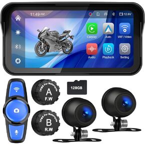 6.25" Motorcycle CarPlay& Android Auto, Motorcycle Dash Cam, Motorbike TPMS, Motorbike GPS Navigation System, IP67 Waterproof, Remote Control, Support Siri, Free 128G SD Card Loop Recording