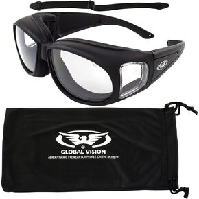 Global Vision Motorcycle Safety Sunglasses Fits Over Glasses Clear Lenses Meets ANSI Z87.1 Standards For Safety Eyewear Has Soft Airy Foam Padding Comes with Storage Pouch and Strap