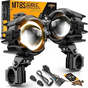 Auxbeam Motorcycle Auxiliary Lights Fog Lights LED Driving Light Spotlight with Halo DRL, White/Amber 8 Modes Dual-Color Strobe LED Offroad Work Lights for Motorcycle SUV ATV Trucks