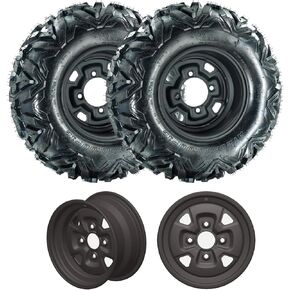 Set of 2 ATV Wheel and Rim,25x10-12 ATV Tire,All Terrain Tire 6 Ply 4 * 156 PCD,4+3 Offset, Compatible with Atv UTV Off-Road