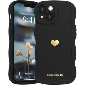 لجهاز iPhone 14 Pro Max Case لطيف القلب ، إطار الموجة البسيط ، تصميم جمالي ، ألوان صلبة فتيات TPU Silicone Phone Case For iPhone 14 Pro Max ، Black