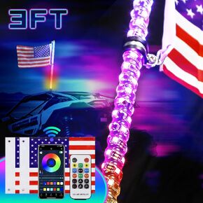 UNI-SHONE 2PCS 4FT LED LED مع أضواء حلزونية RGB ذات قاعدة الربيع مع التطبيق والتحكم عن بُعد ، مصباح سوط هوائي الموسيقى لـ CAN-AM UTV ATV RZR CAN-AM SXS PORLORIS OFREAR
