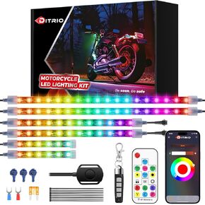 8Pcs Motorcycle Led Underglow Kit with Brake Turn Signal, Motorcycle RGB Lights with DITRIO APP/RF Remote Control, Dual Zone,12V Waterproof Pixelglow Effects for Motorcycles, Golf Carts, ATVs, UTVs